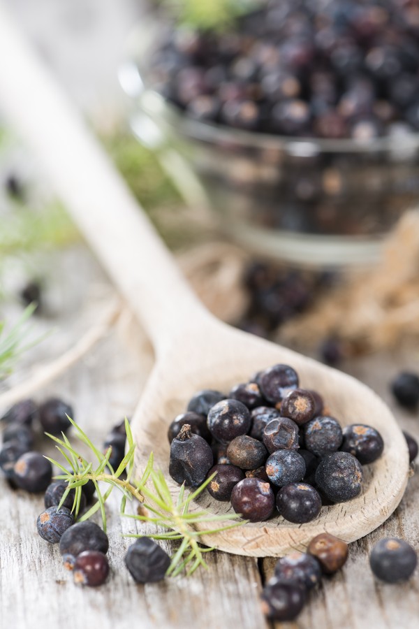 cucchiaio di legno con bacche di ginepro