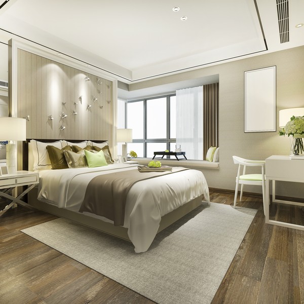 Maison chambre à coucher grand lit couleur clair