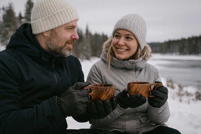 Couple sitting outside in Finland in winter