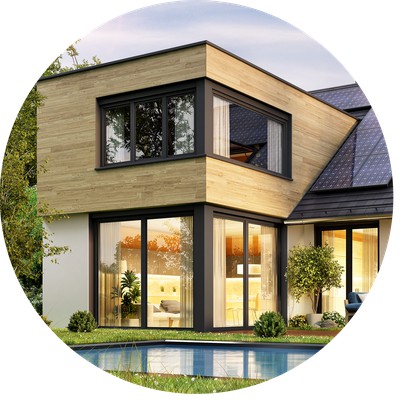 Maison bois parpaing  panneau solaire piscine baie vitré