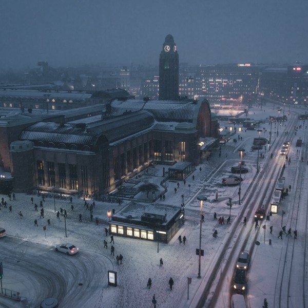 helsinki railway station from the sky at night