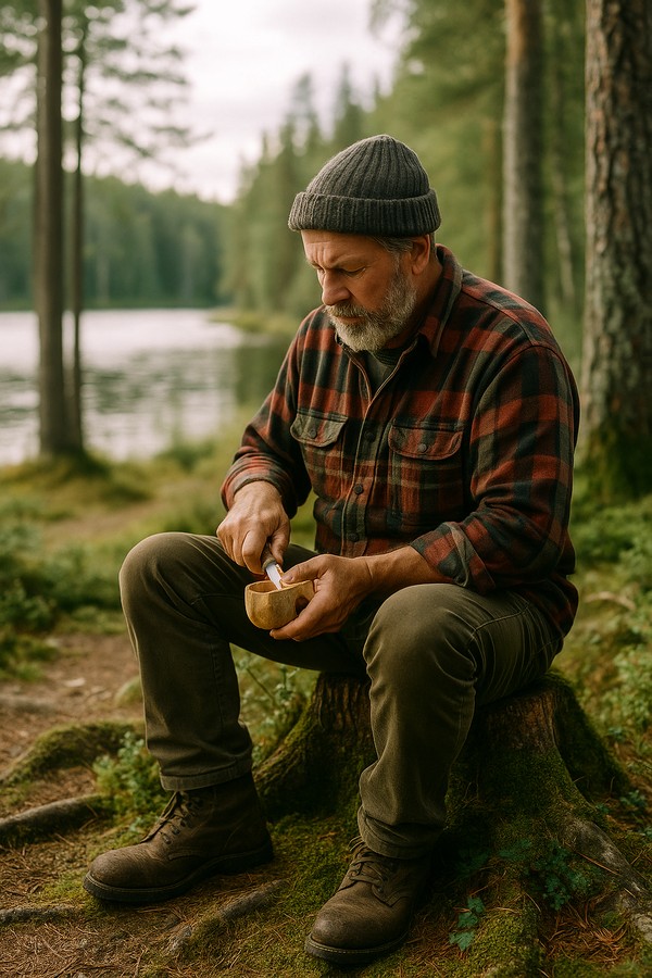 homme-sculpture-tasse-bois-dehors-nature