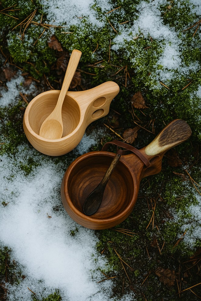 Houten beker boven, authentieke kuksa onder.