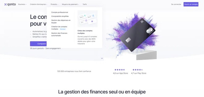 menu deroulant site internet qonto