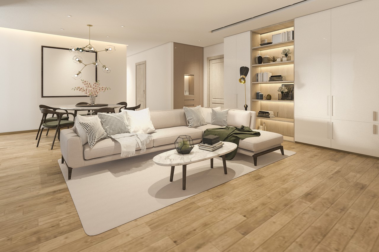 Maison avec salon canapé parquet bois meubles