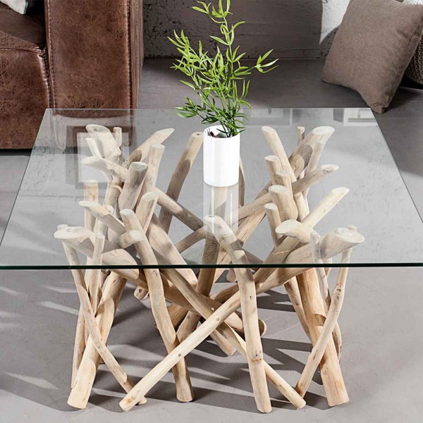 driftwood and glass coffee table